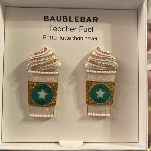 BAUBLEBAR Teacher Fuel Starbucks Cup Latte Coffee Glittery Foam Earrings Box NWT - Picture 1 of 4